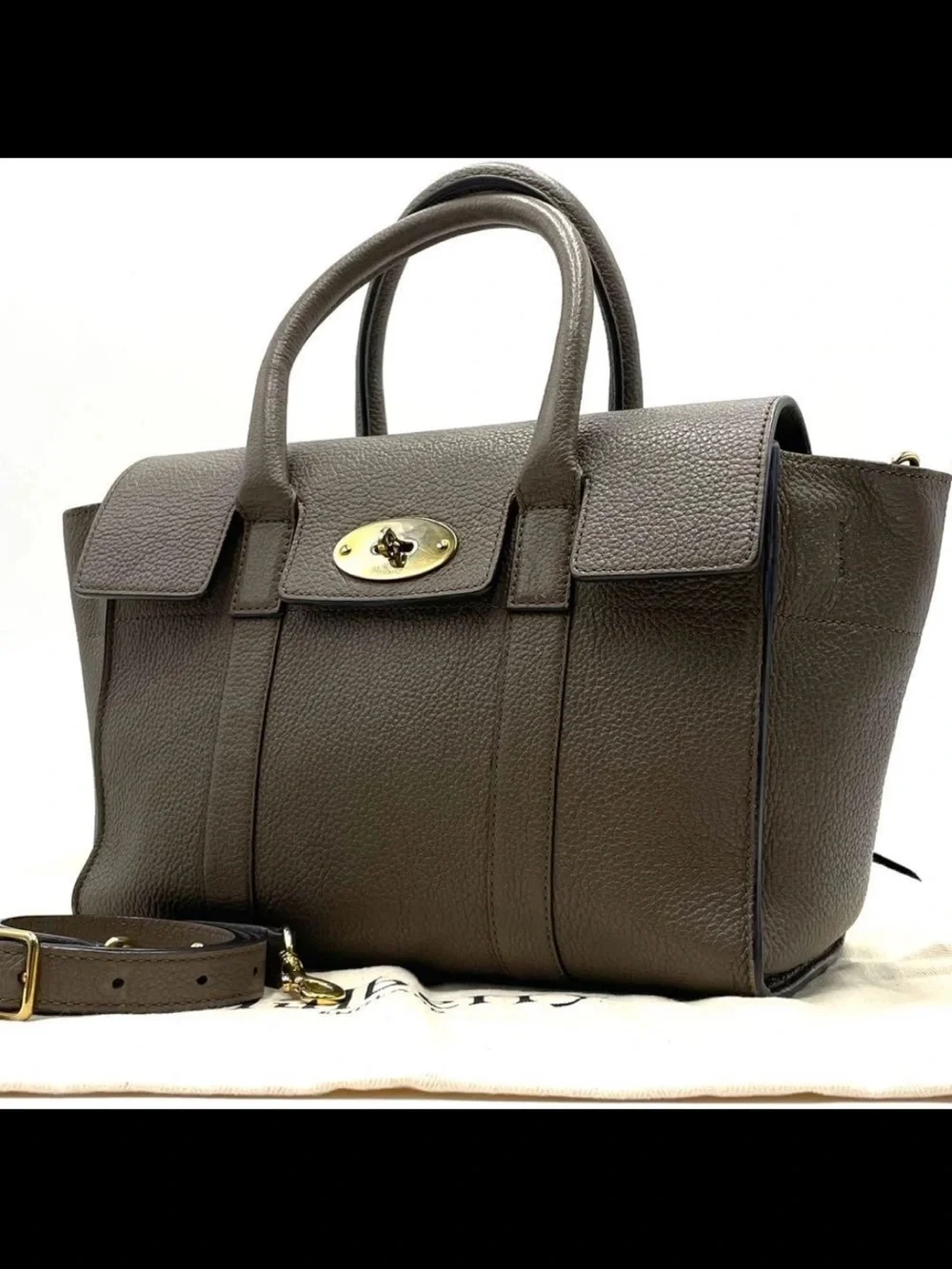 Mulberry Textured Leather Satchel in Taupe Brown with Gold Hardware